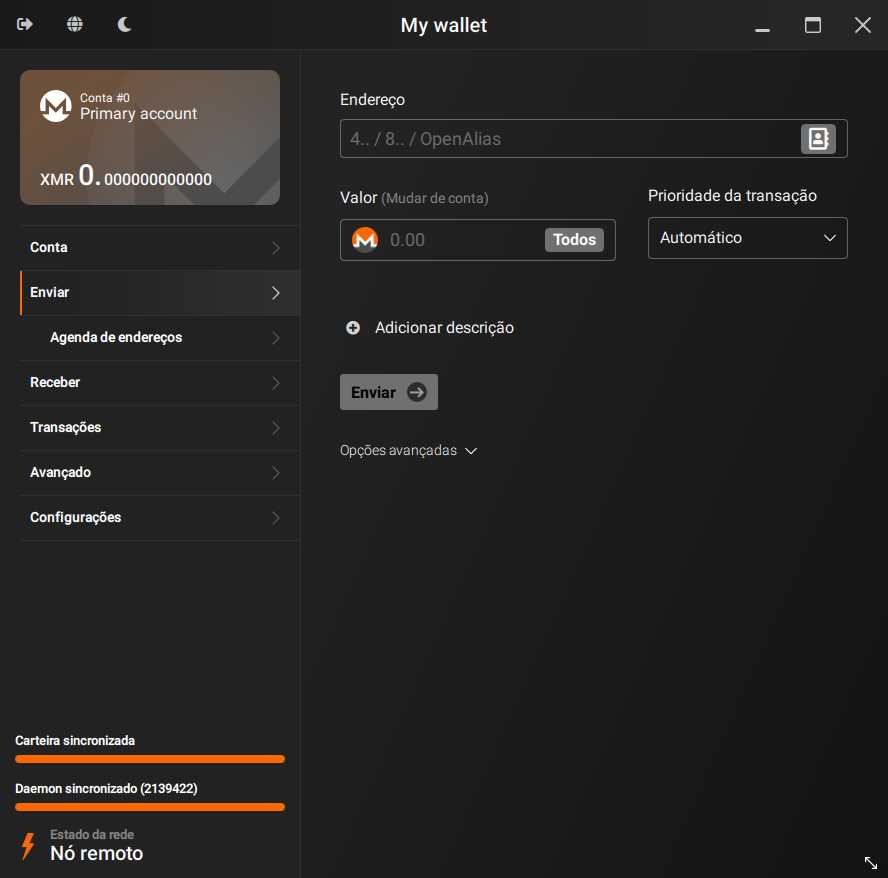 A screenshot of the Monero GUI wallet. It shows the wallet's balance and a navigation menu on the left, and a form for sending XMR on the right.